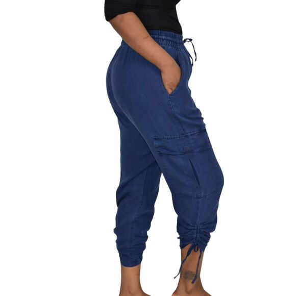 Zara Cargo Pants Blue High Waisted Ruched Crop Jogger Elastic Linen Size Small - Picture 3 of 14
